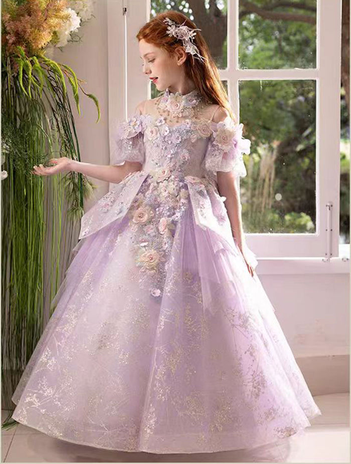 Luxury Lilac 3D Flowers Girl Dress for Kids Birthday Pageant J347