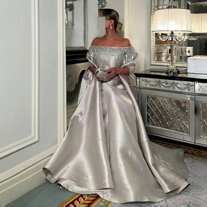 Luxury Off Shoulder Gray Arabic Evening Dress with Cape Sleeve SS575