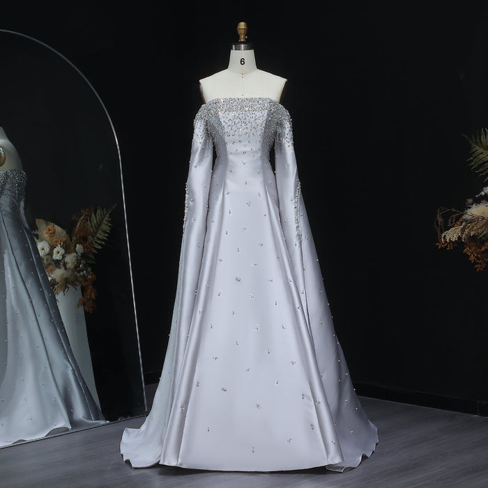 Luxury Off Shoulder Gray Arabic Evening Dress with Cape Sleeve SS575
