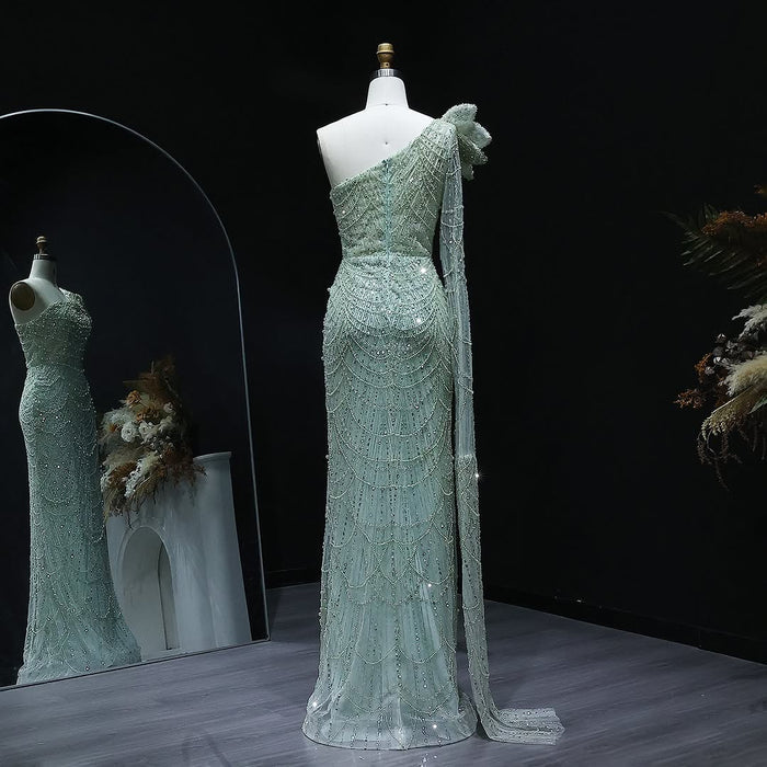 Luxury Pearls 3D Flower Green One Shoulder Evening Dress SS688