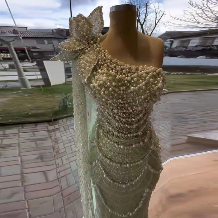 Luxury Pearls 3D Flower Green One Shoulder Evening Dress SS688