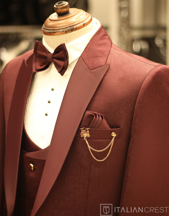 Maroon Jacquard 5pc Wedding Suit