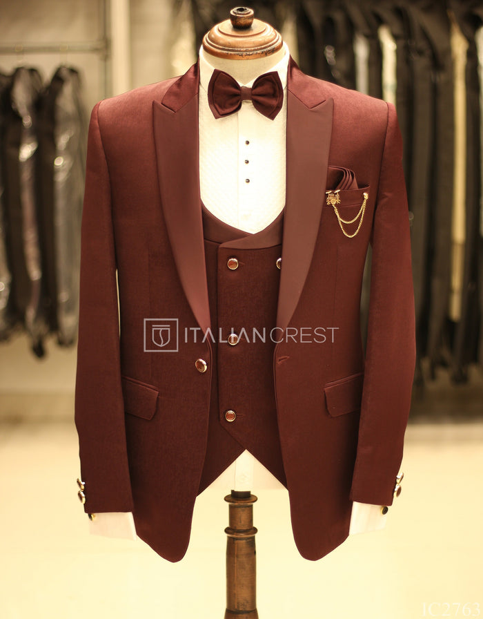Maroon Jacquard 5pc Wedding Suit