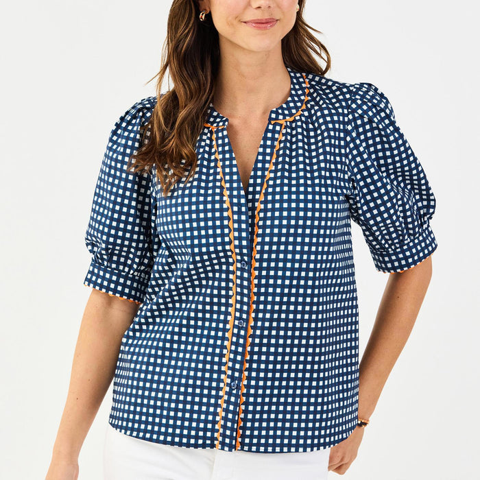 Mary Square Elaine Gingham Navy & Orange Top