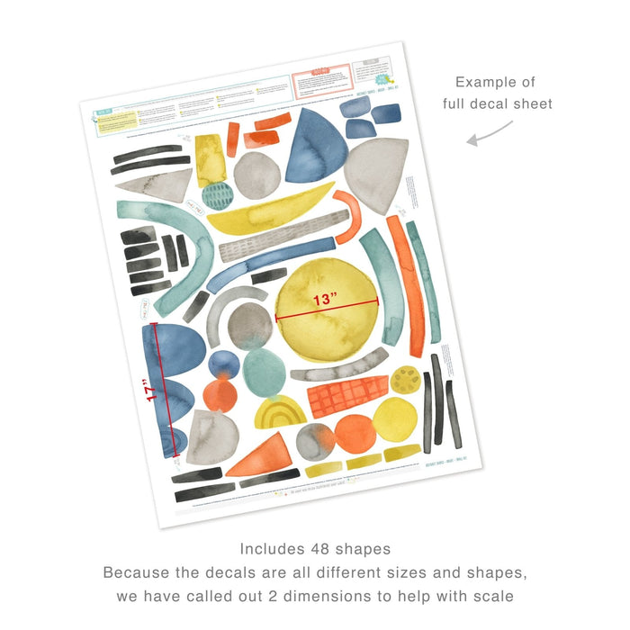 Sheet of 48 abstract watercolor peel-and-stick wall decals in assorted shapes and colors (includes a 13" yellow circle), perfect removable wall art for modern nursery, kids room, or living room decor