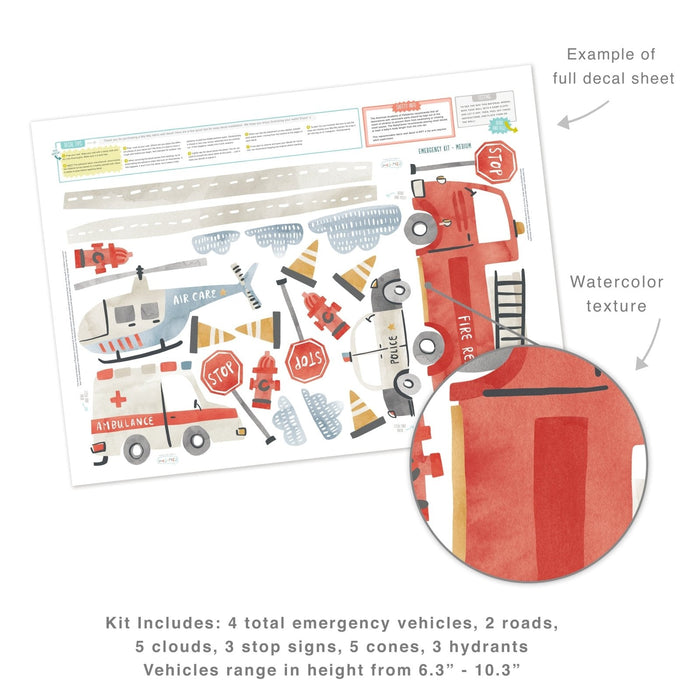 Watercolor emergency vehicle wall decals sheet featuring fire truck, ambulance, police car, helicopter, roads, stop signs, cones, hydrants and clouds