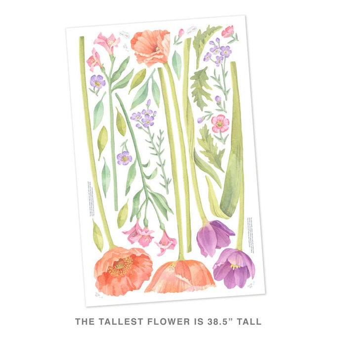 Watercolor floral wall decals sheet featuring tall poppy and tulip stems, pink and purple wildflowers and green leaves — removable botanical nursery and bedroom wall stickers, tallest stem 38.5