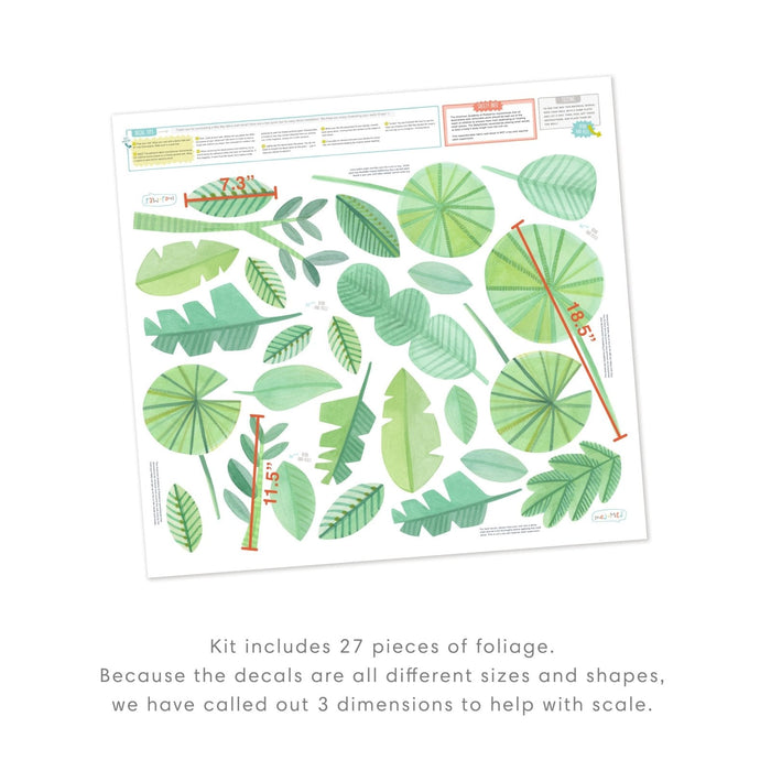 27-piece tropical watercolor leaf wall decals sheet — green foliage peel-and-stick stickers for nursery, bedroom and home decor, assorted leaf shapes and sizes