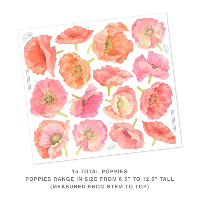Sheet of 15 watercolor poppy wall decals in coral, peach and pink, removable floral stickers for nursery or home decor, sizes 6.5–12.5 inches tall