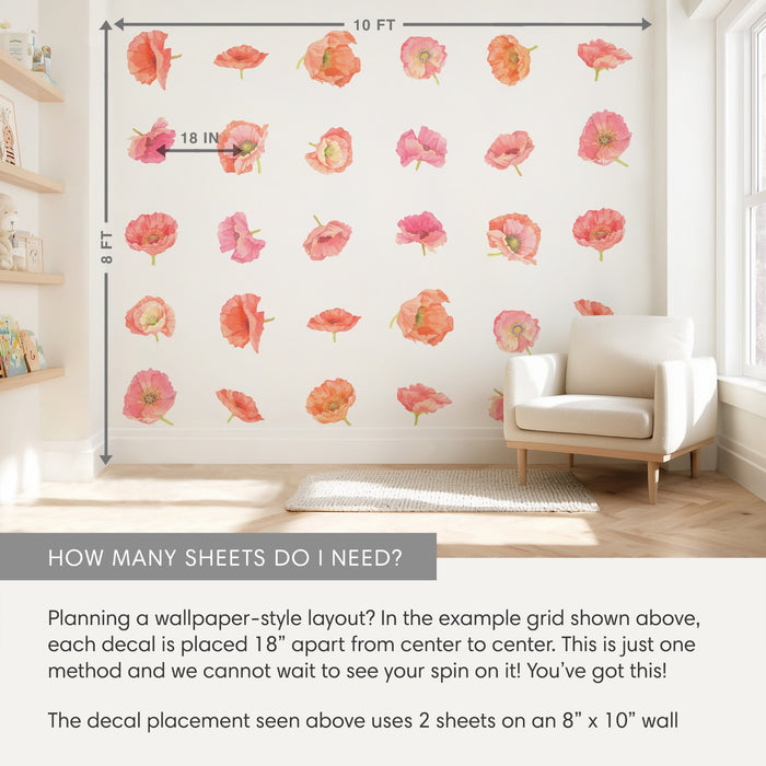 Watercolor coral and pink poppy wall decals arranged in an 8 ft by 10 ft grid with 18-inch spacing above a neutral armchair, removable floral nursery wallpaper decals