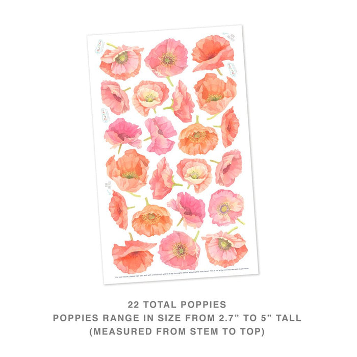 Sheet of 22 watercolor poppy stickers in peach, pink and coral tones, individual floral decals measuring 2.7 to 5 inches for nursery, bedroom, and DIY home decor