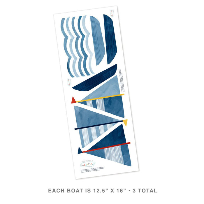 Set of three large blue sailboat wall decals with abstract striped sails and wave shapes, peel-and-stick nautical nursery and kids' room decor, each boat 12.5 x 16 inches