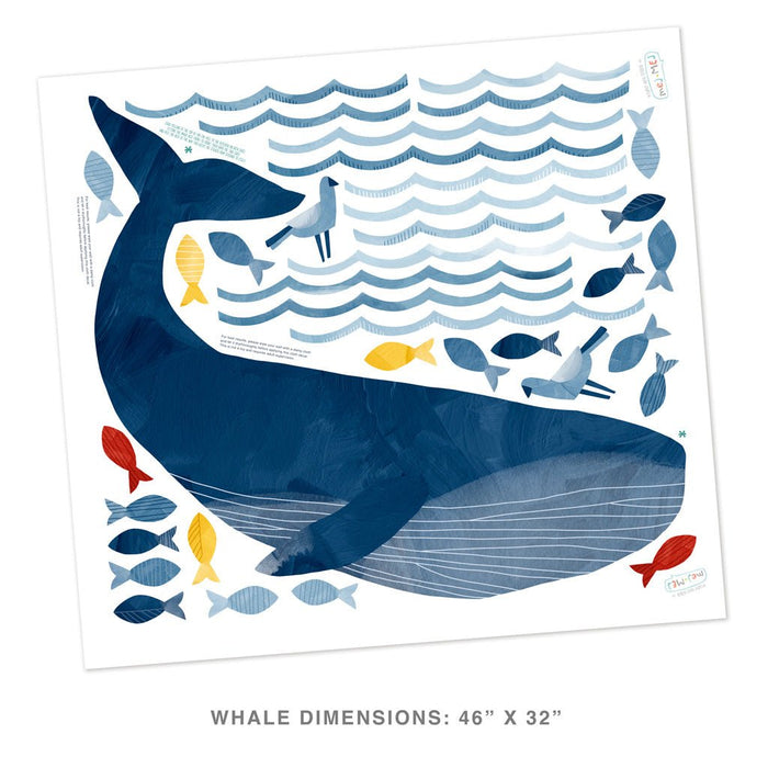 Blue whale nursery wall art print with stylized waves, seagull and colorful fish — large kids room poster 46 x 32 inches