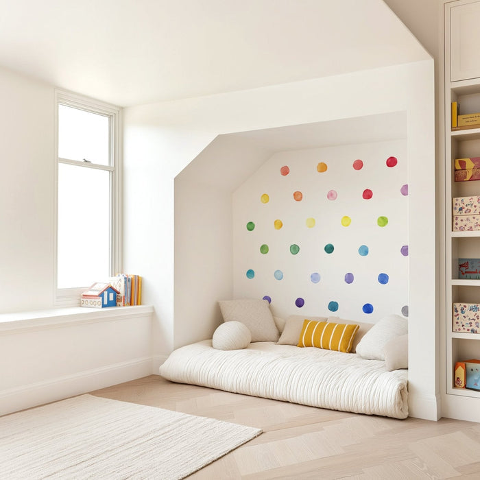 Children's reading nook with cozy daybed, yellow-striped pillow, rainbow polka-dot wall decals, built-in shelves and bright window