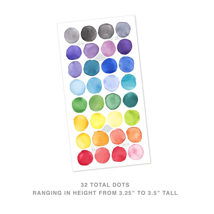 Sheet of 32 colorful watercolor dot stickers in a rainbow palette, printable round sticker sheet for planners, scrapbooking, journaling and crafts, dots range 3.25 to 3.5 inches tall