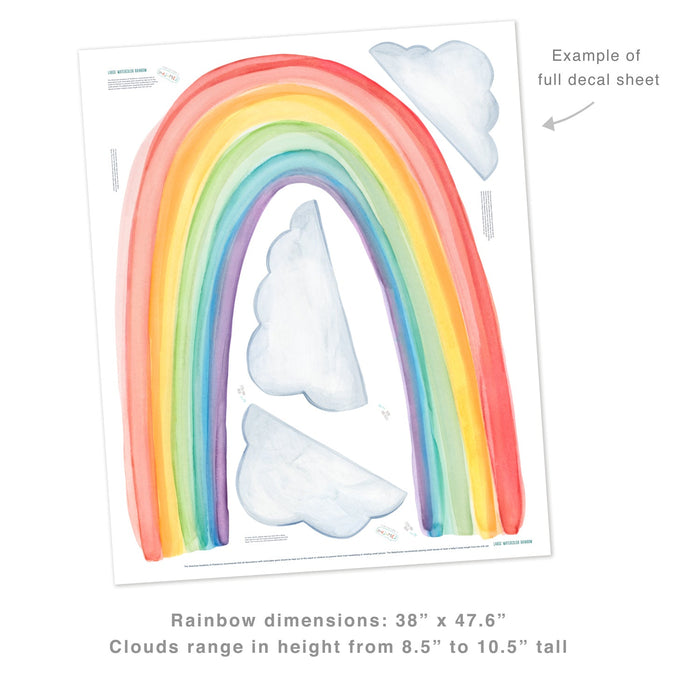 Large watercolor rainbow decal sheet with three cloud cutouts, pastel nursery wall art decal, dimensions 38 x 47.6 inches