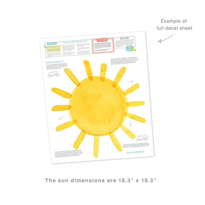Watercolor yellow sun wall decal sheet for nursery and kids room, removable vinyl large sun with rays 18.3 x 19.3 inches