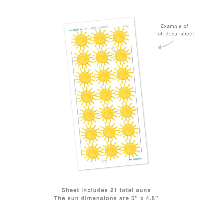 Watercolor sun stickers sheet, 21 yellow sunburst peel-and-stick decals for planners, scrapbooking and craft projects
