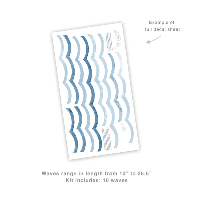 Blue watercolor wave wall decals sheet - 10-piece removable ocean wave stickers 10"–25.5" for nursery, bedroom, bathroom and coastal home decor