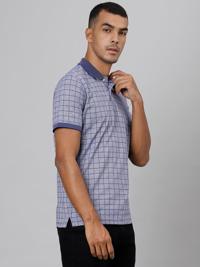 Men Blue Regular Fit Checkered Polo T-Shirt