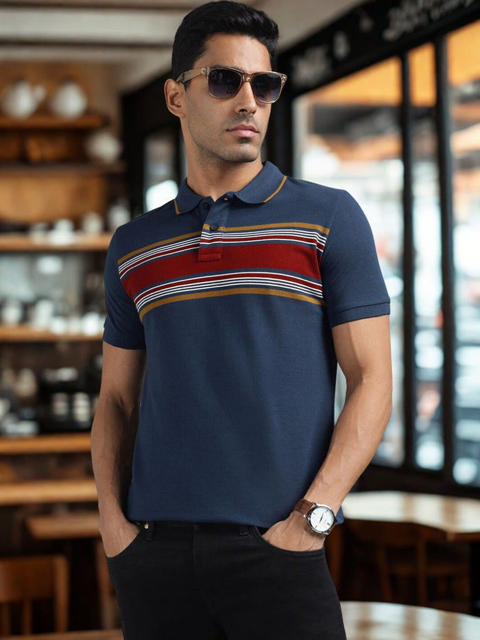 Men Blue Regular Fit Striped Polo T-shirt