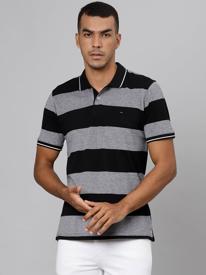 Men Grey Black Regular Fit Striped Polo T-Shirt