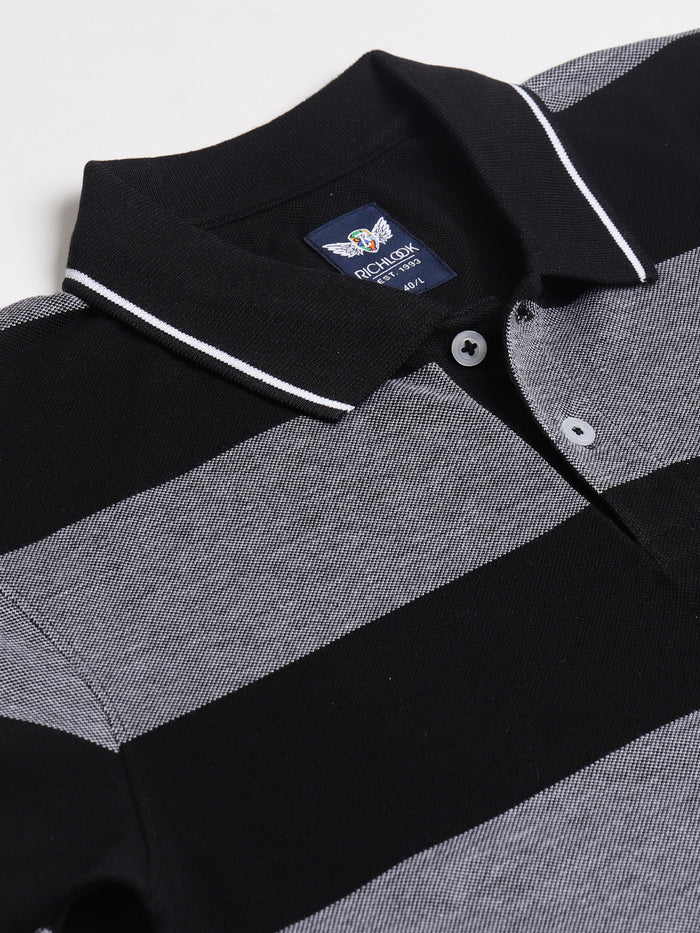 Men Grey Black Regular Fit Striped Polo T-Shirt