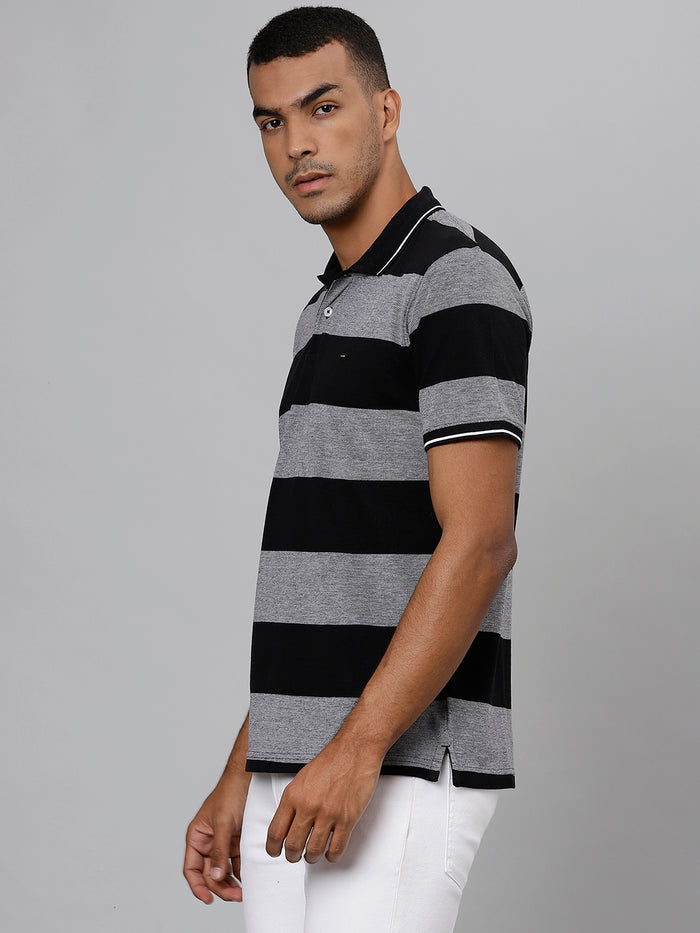 Men Grey Black Regular Fit Striped Polo T-Shirt