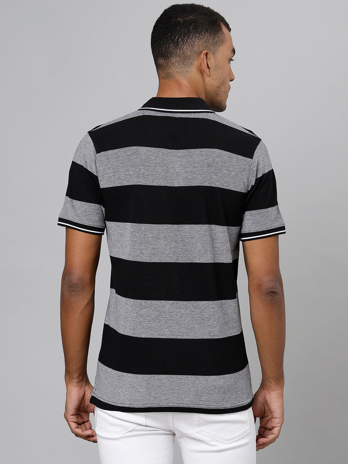 Men Grey Black Regular Fit Striped Polo T-Shirt