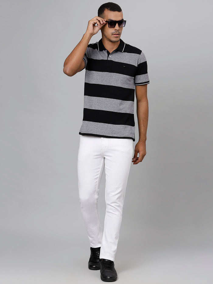 Men Grey Black Regular Fit Striped Polo T-Shirt