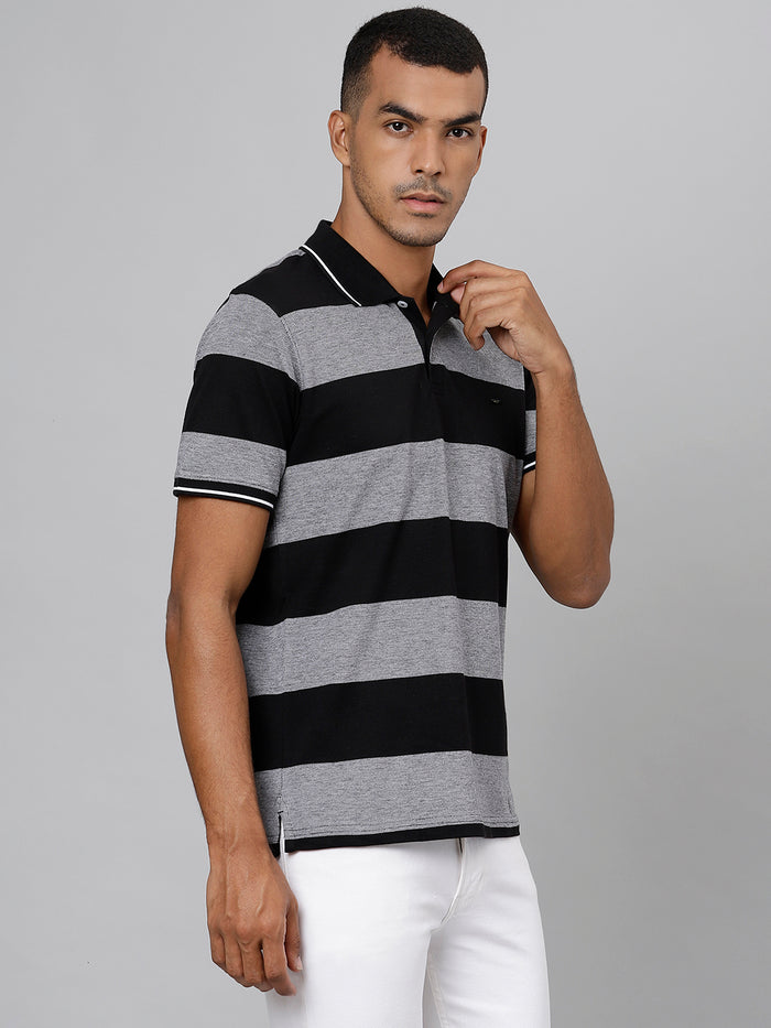 Men Grey Black Regular Fit Striped Polo T-Shirt