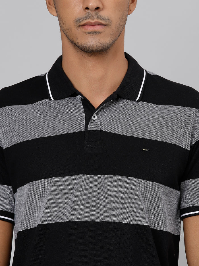 Men Grey Black Regular Fit Striped Polo T-Shirt