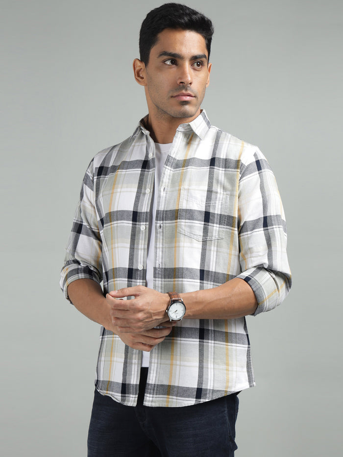 Men Light Grey Standard Fit Checkered Casual Shirt