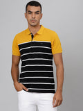 Men Mustard Black Regular Fit Striped Polo Neck T-Shirt