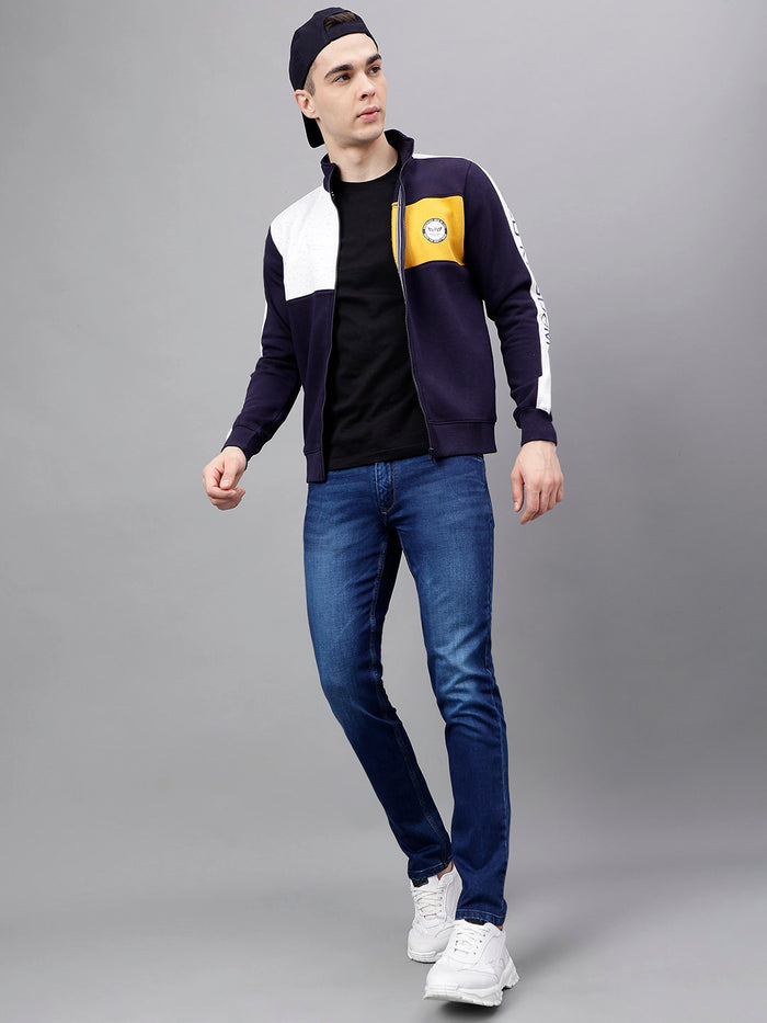 Men Navy Color Blocked Regular Fit Jacket