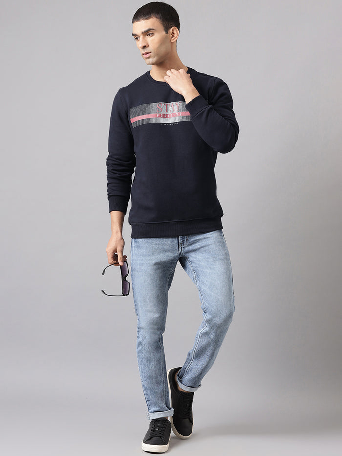 Men Navy Graphic Crew Neck Sweatshirt