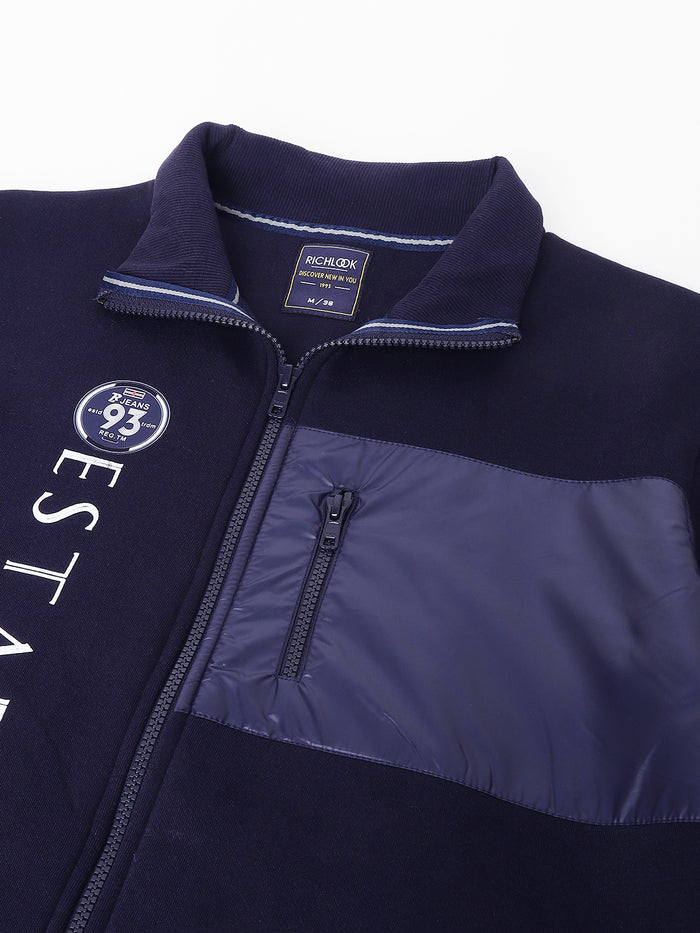 Men Navy Graphic Zipper Jacket
