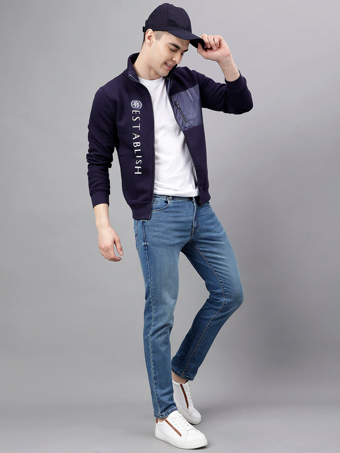 Men Navy Graphic Zipper Jacket