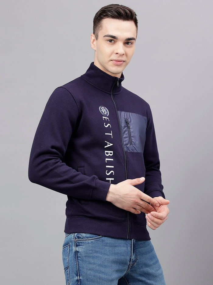 Men Navy Graphic Zipper Jacket