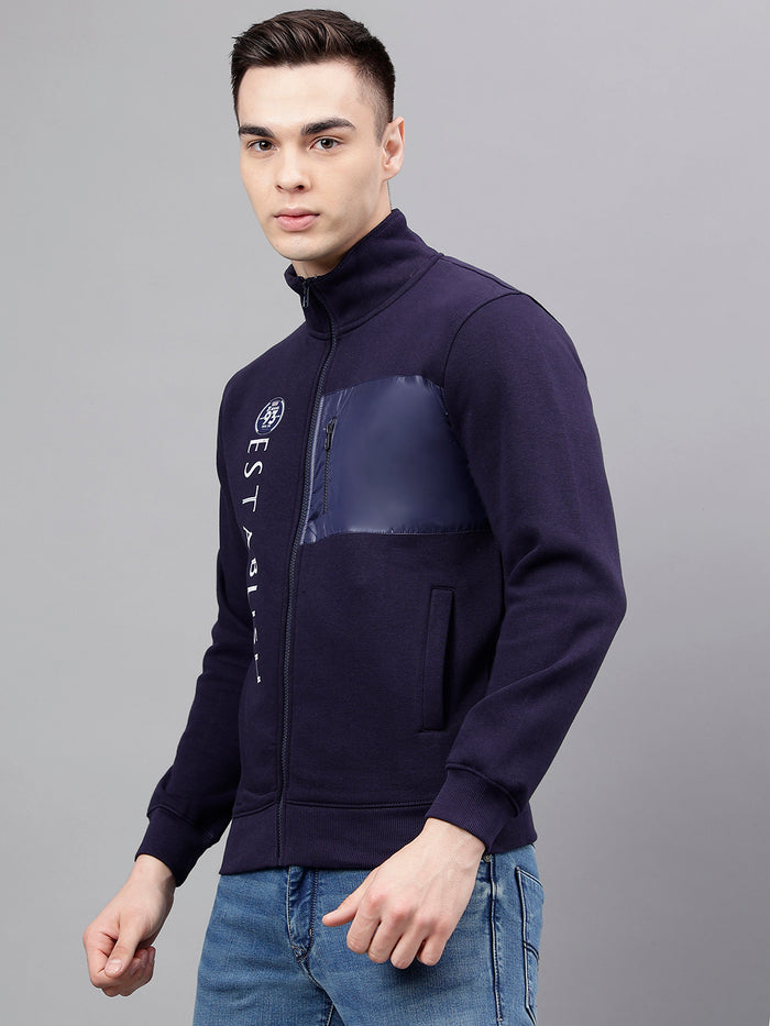 Men Navy Graphic Zipper Jacket