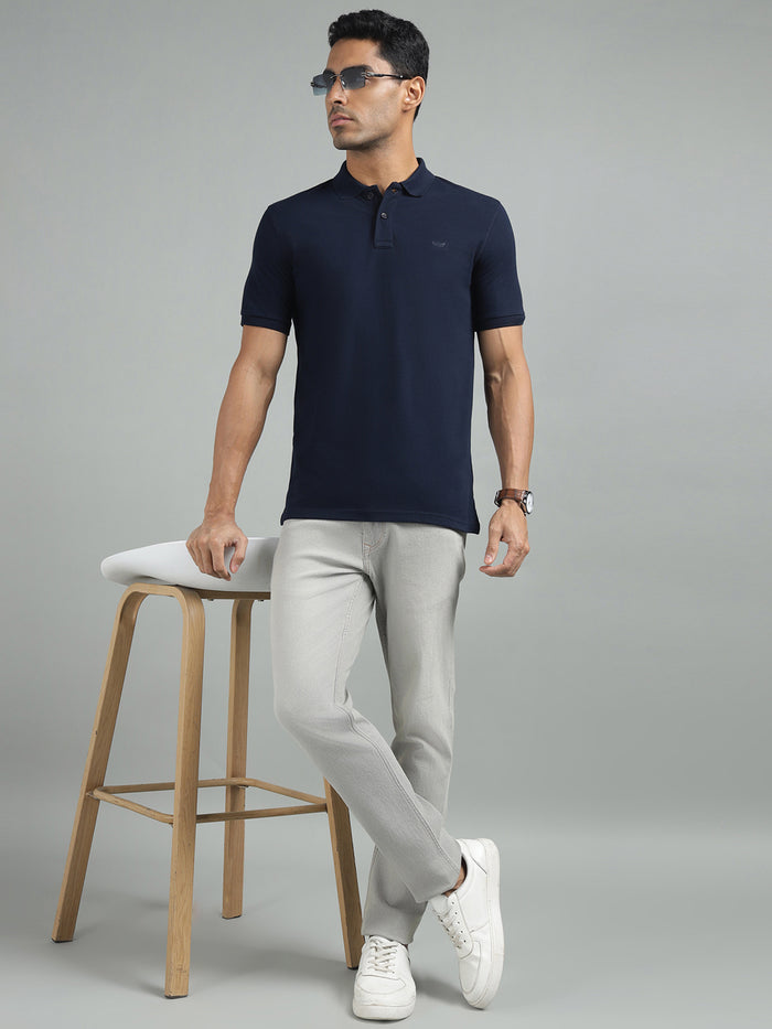 Men Navy Regular Fit Solid Polo Neck T-shirt