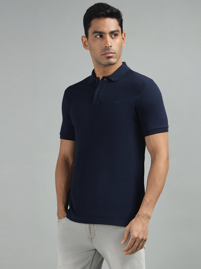 Men Navy Regular Fit Solid Polo Neck T-shirt