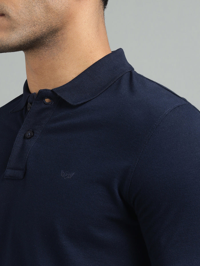 Men Navy Regular Fit Solid Polo Neck T-shirt