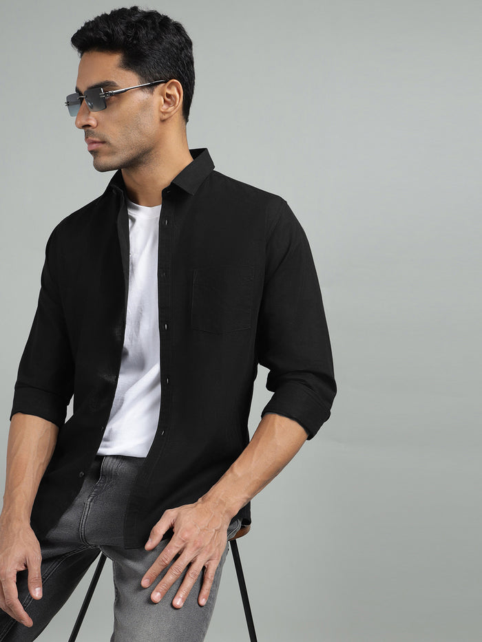 Men Solid Black Regular Fit Casual Shirt