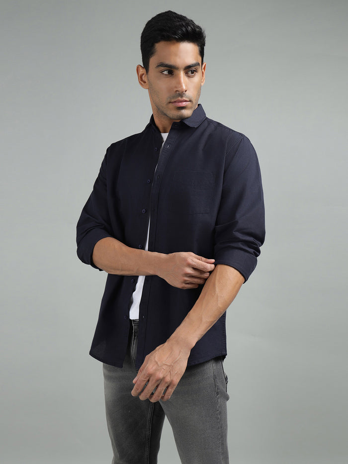 Men Solid Dark Navy Regular Fit Casual Shirt