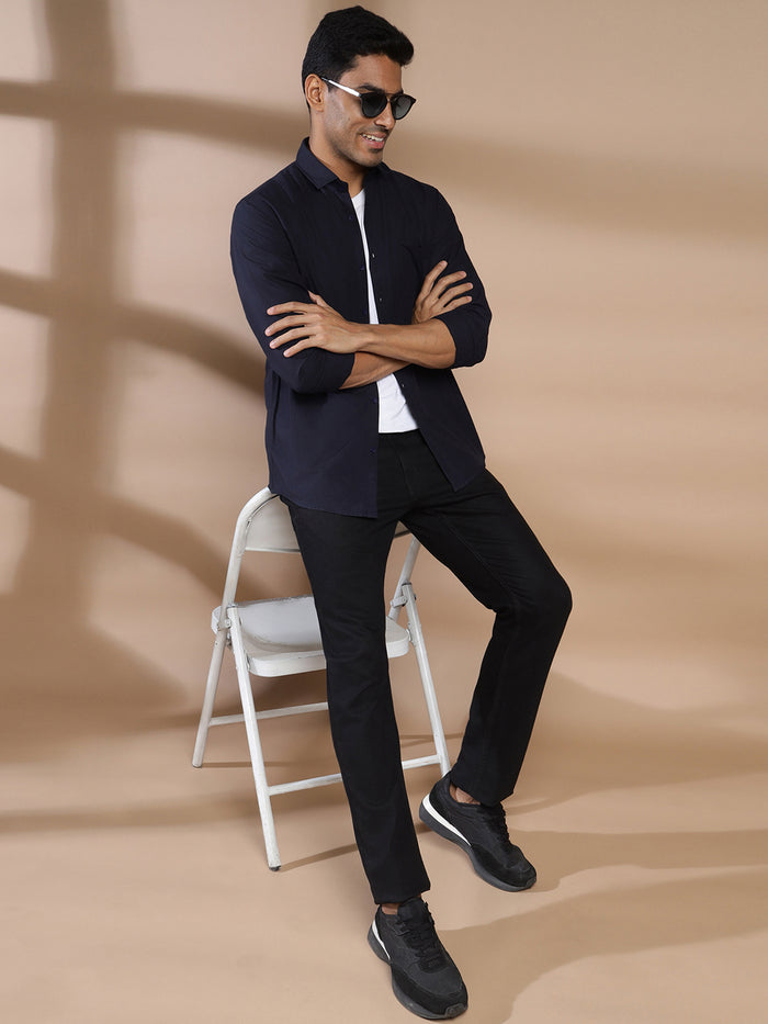 Men Solid Dark Navy Regular Fit Casual Shirt