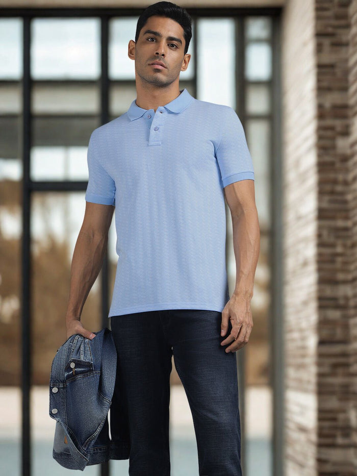 Men Textured Light Blue Regular Fit Polo T-Shirt
