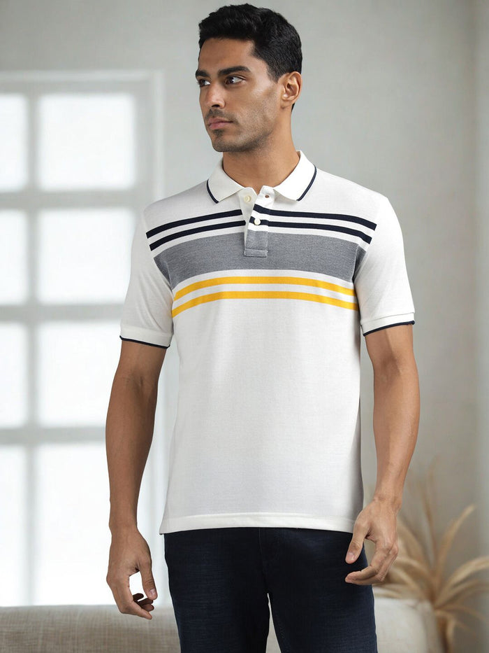 Men White Regular Fit Striped Polo T-Shirt