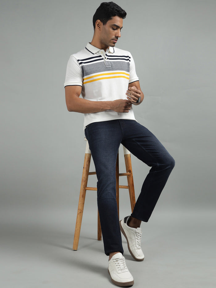 Men White Regular Fit Striped Polo T-Shirt