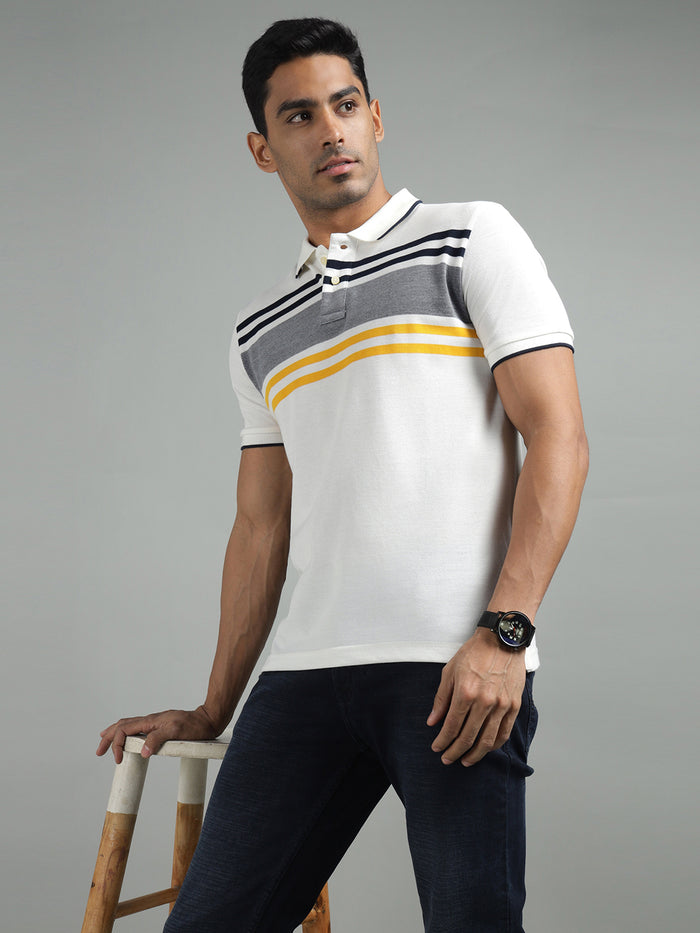 Men White Regular Fit Striped Polo T-Shirt